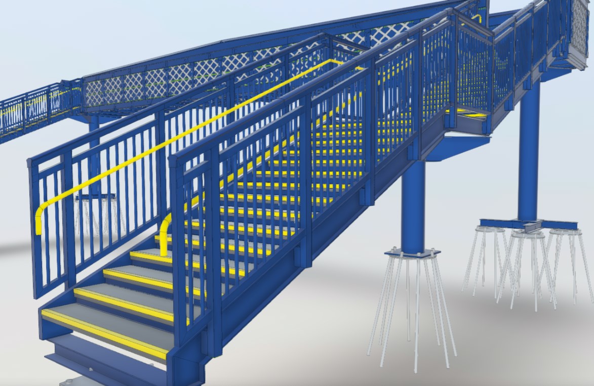 Close up of staircase from Taziker FRP footbridge design. 3D mockup.