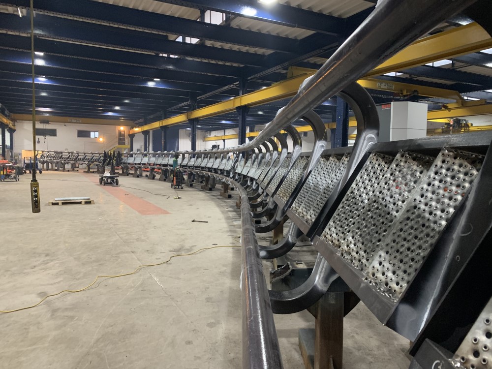 The new Big One Rollercoaster track in Taziker fabrication facility.