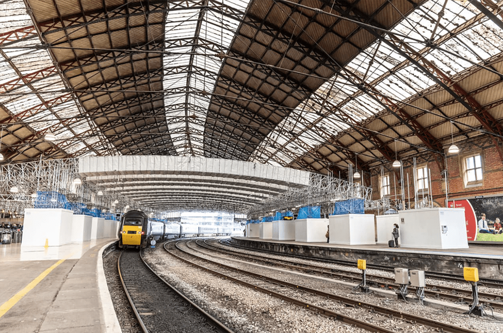Scaffolding and refurbishment inside the Bristol Temple Meads railway station. 