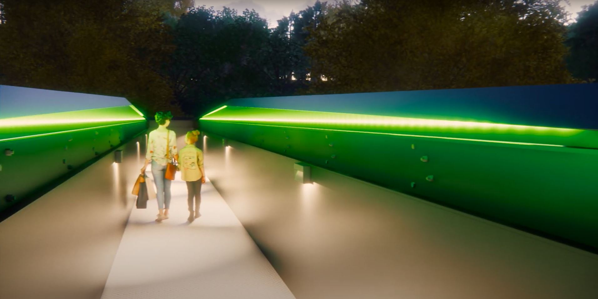Taziker FRP Legacy footbridge design with lighting on walkway at night. 