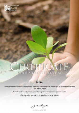 World Land Trust's certificate. 
